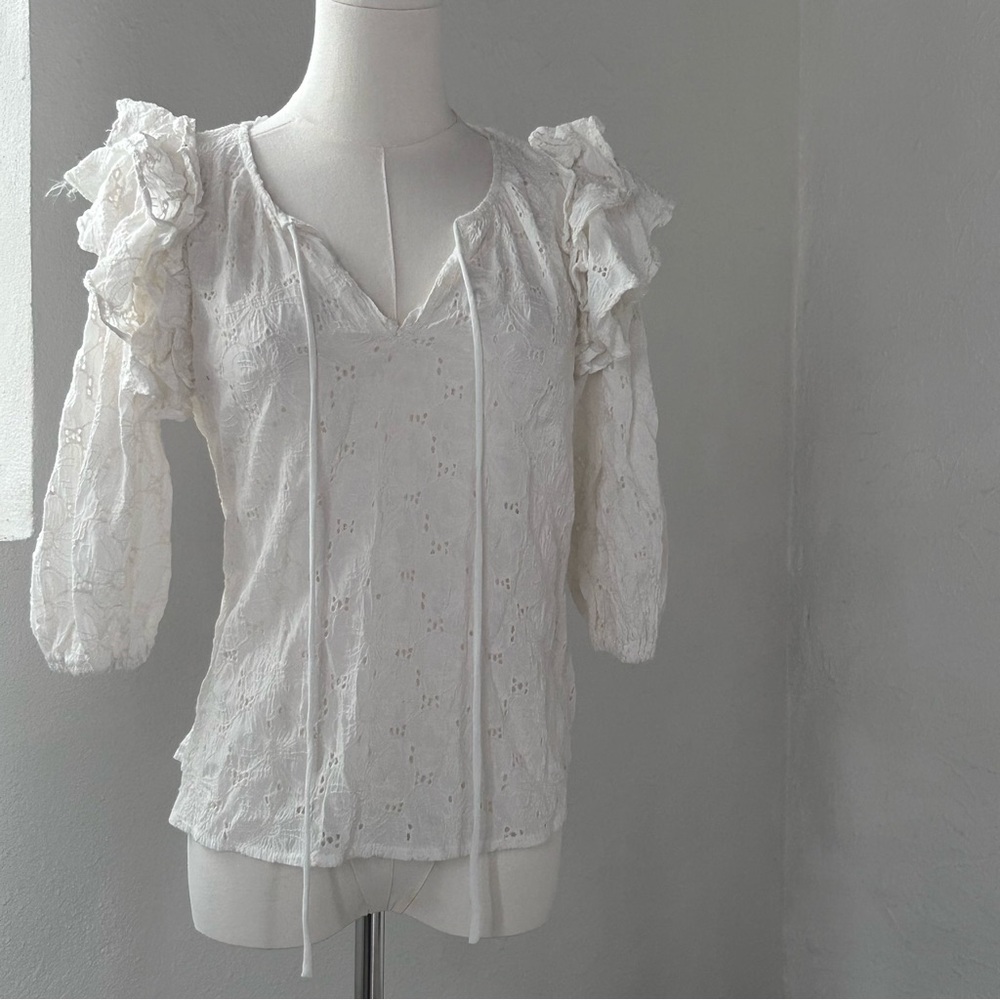 Amable by Mabel Lace Blouse – Ivory | Sheer & Chic with Ruffled Sleeves